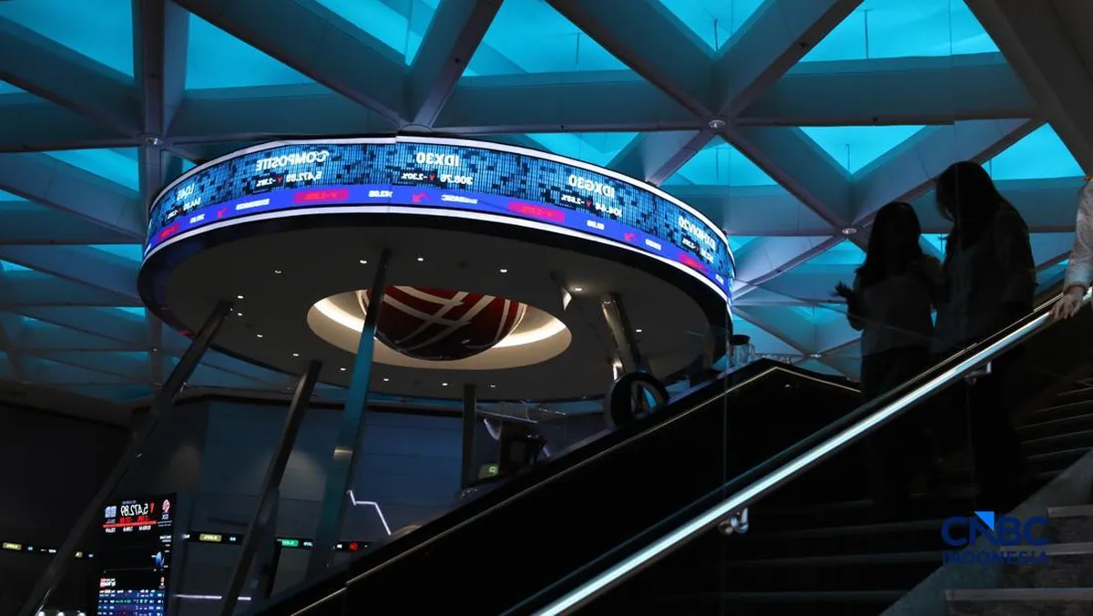 Stock market display showing share prices and a declining index chart