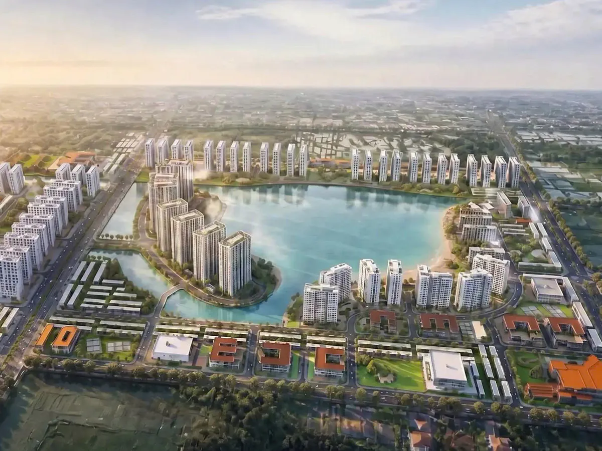 Illustration of residential apartment blocks beside waterways and public green spaces