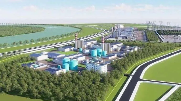 Illustration of a gas-fired power station and electricity transmission lines