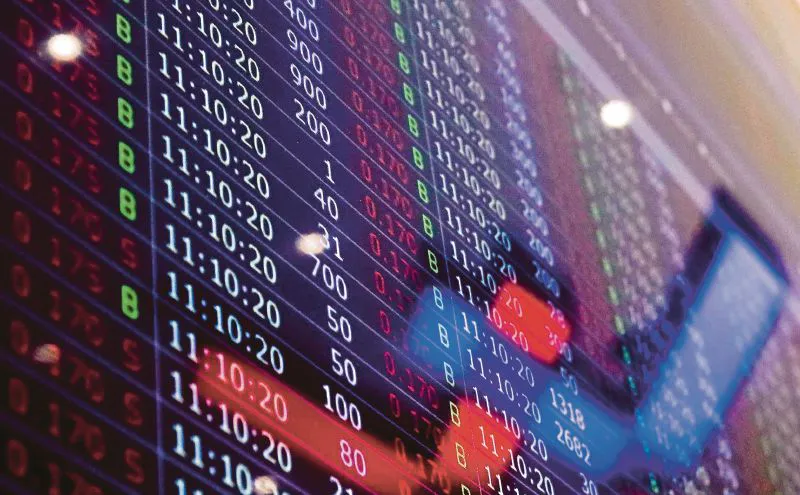 Stock market display with share prices and index figures