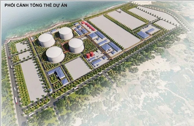 Illustration of LNG storage tanks and a carrier alongside a terminal