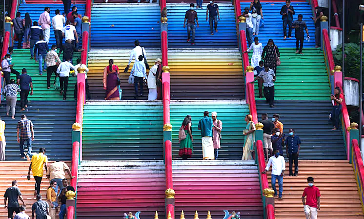 Colourful steps leading to the Batu Caves temple in Malaysia