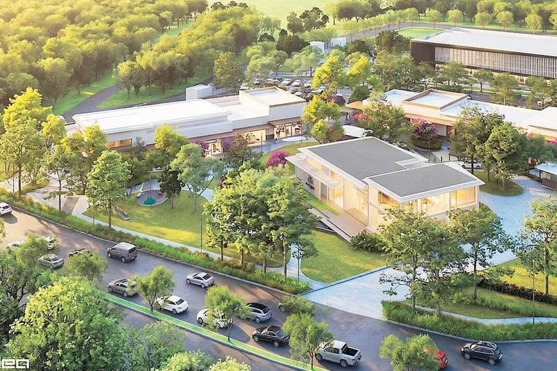 Illustration of a low-rise shopping development with landscaped open spaces