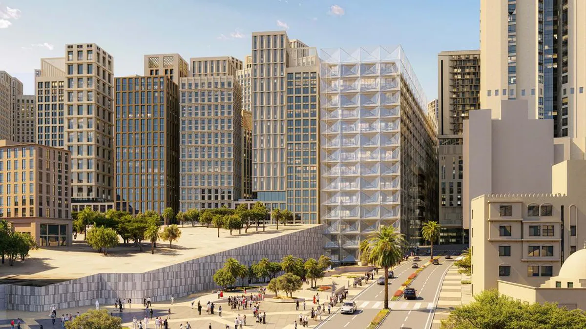 Illustration of a hotel building and adjacent development land