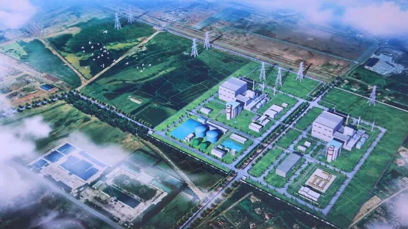 Illustration of a gas-fired power station connected to electricity transmission lines