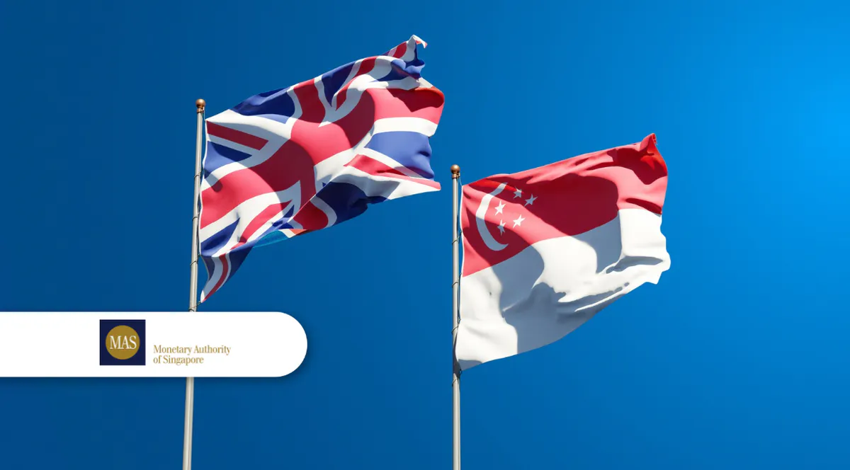 Illustration of digital financial networks linking Singapore and the UK