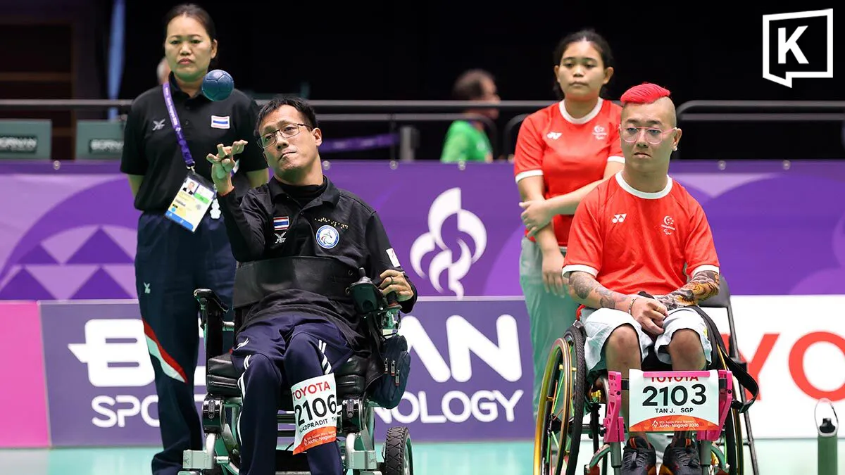 Boccia balls arranged on an indoor court