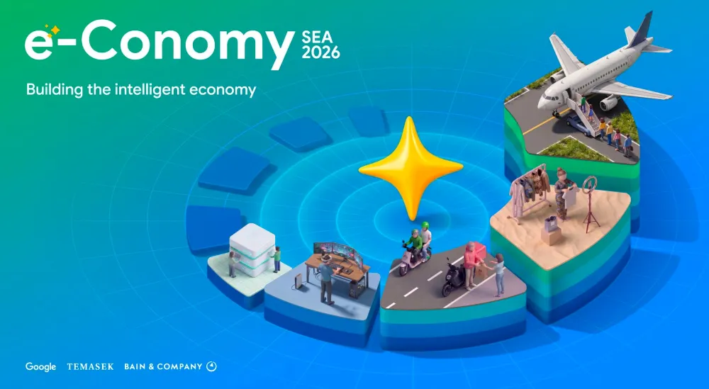 Illustration of online shopping, digital payments and AI services across Southeast Asia
