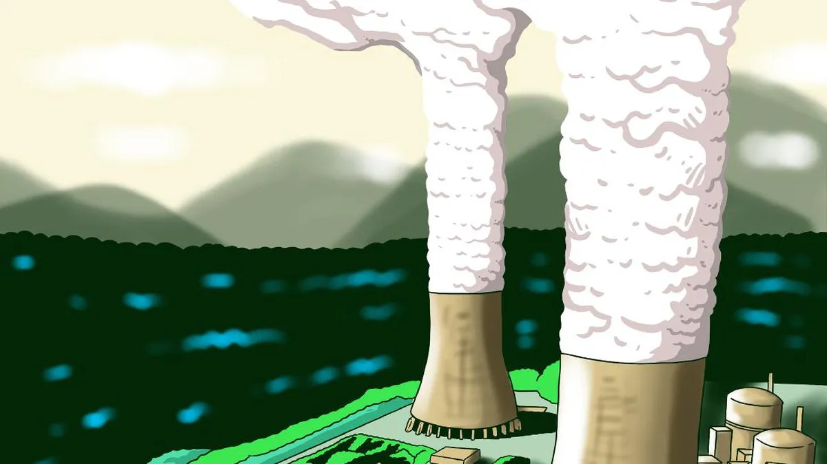 Illustration of a nuclear power plant connected to electricity transmission lines