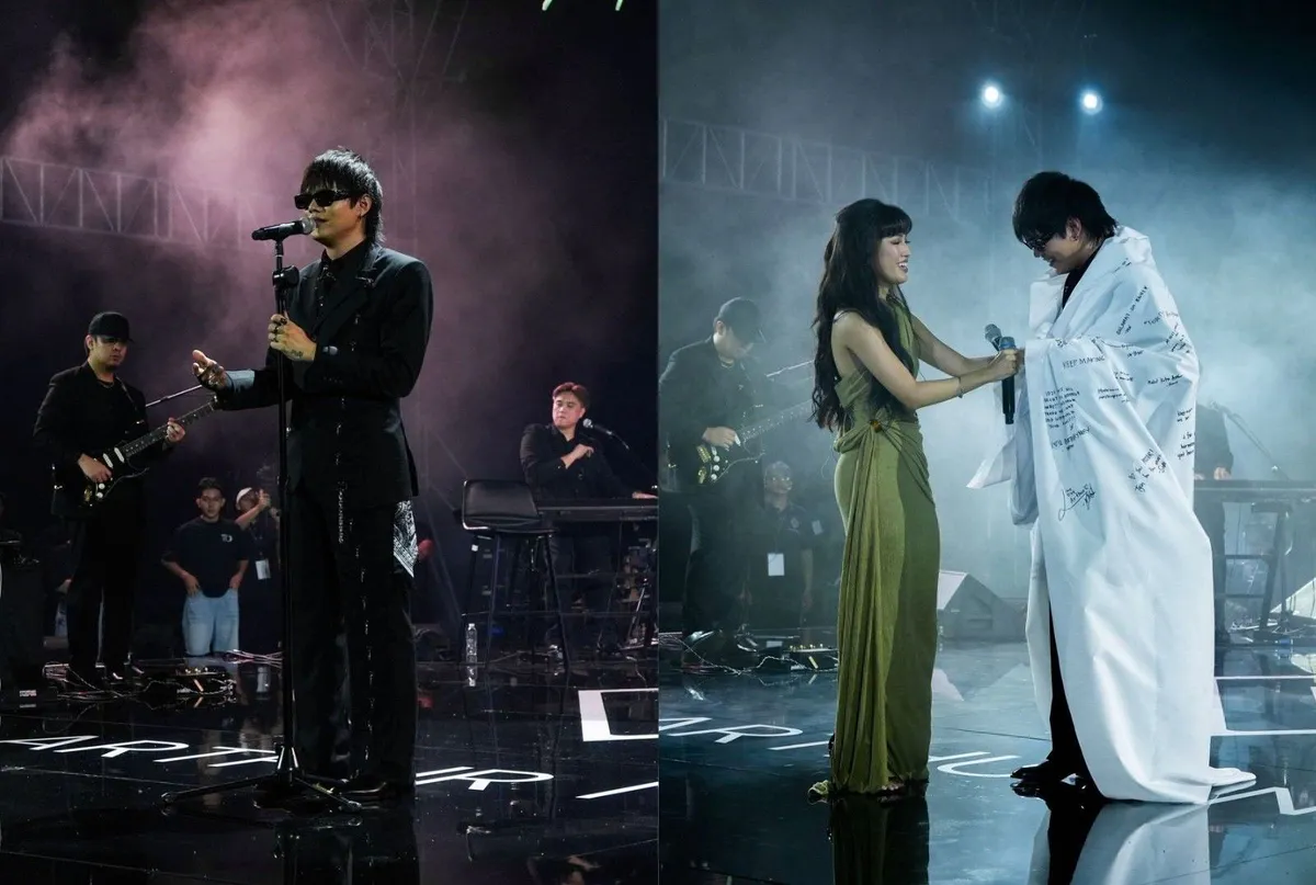 Microphone and musical instruments on a concert stage
