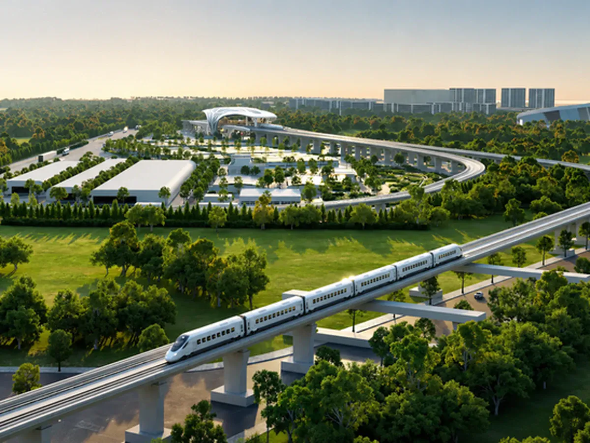 Illustration of an electrified railway with elevated tracks and a station