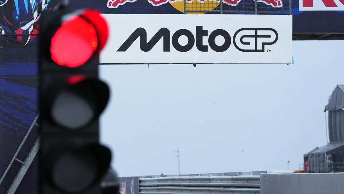 Motorcycle racing circuit under grey skies