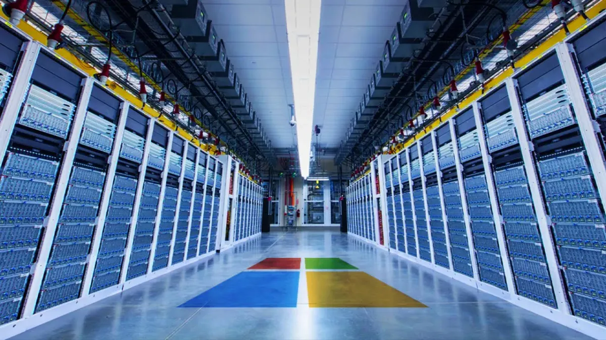 Rows of server cabinets inside a data centre