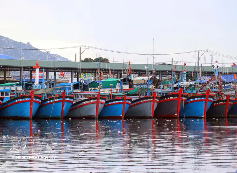Fishing boats moored beside a coastal port in Vietnam