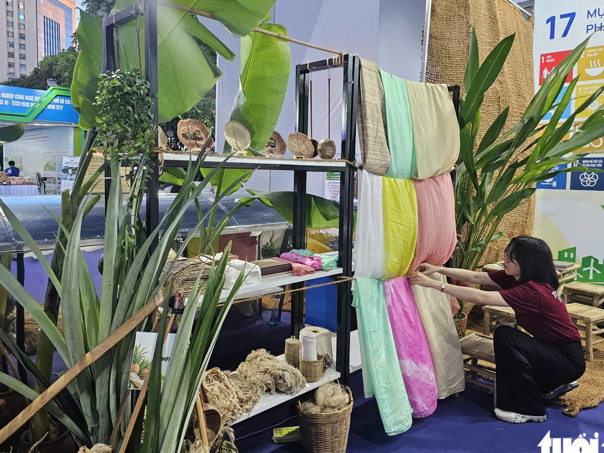 Pineapple peels and plant fibres displayed as raw materials for manufacturing