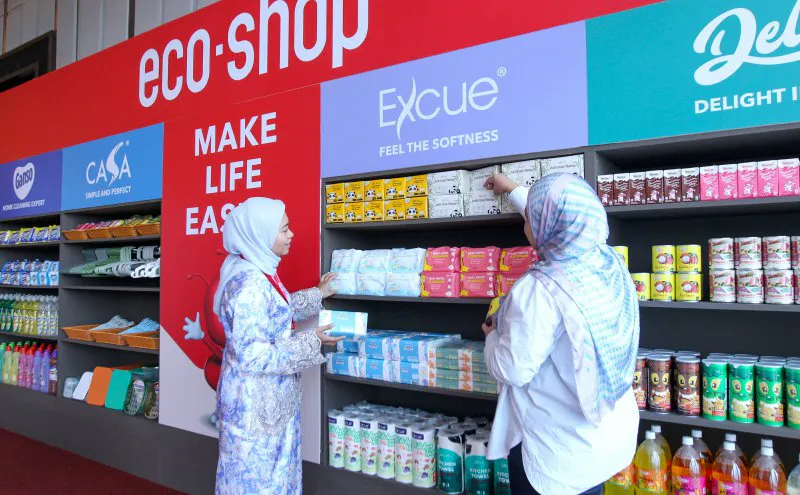 Retail shelves stocked with household goods