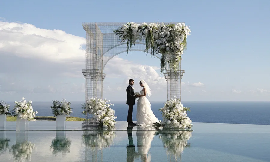 A seaside wedding setting on a tropical island