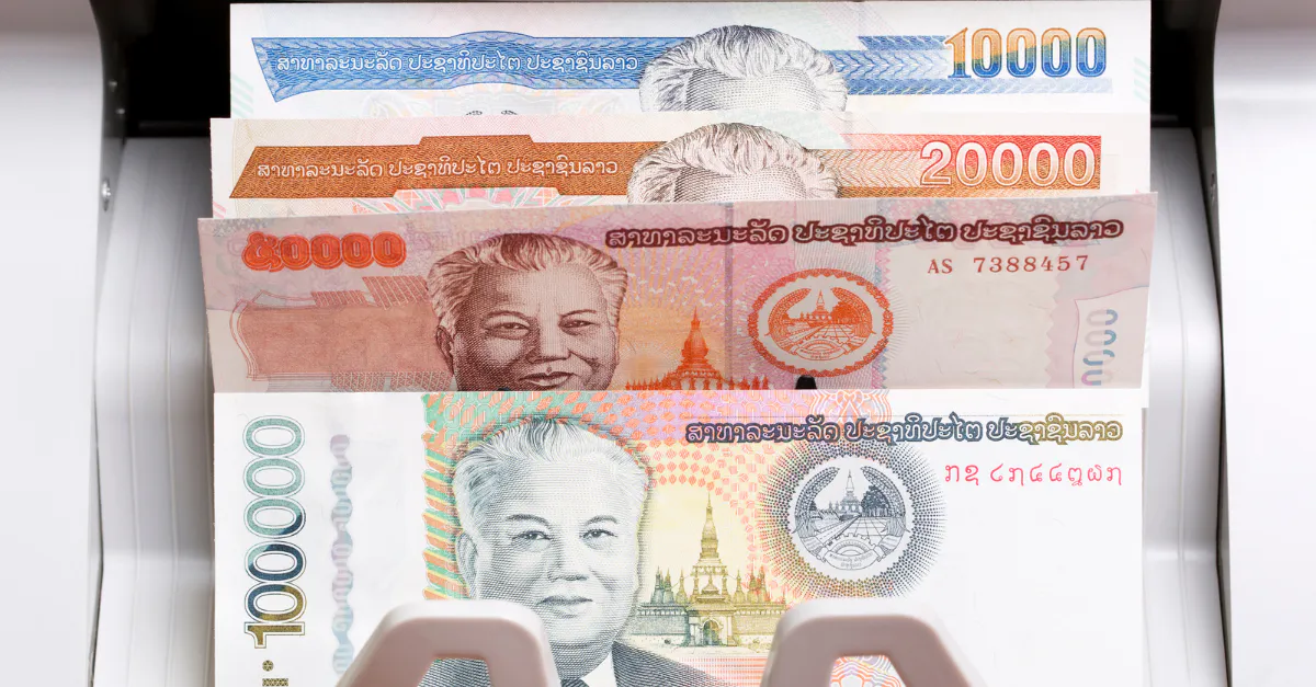 Lao kip banknotes arranged on a table