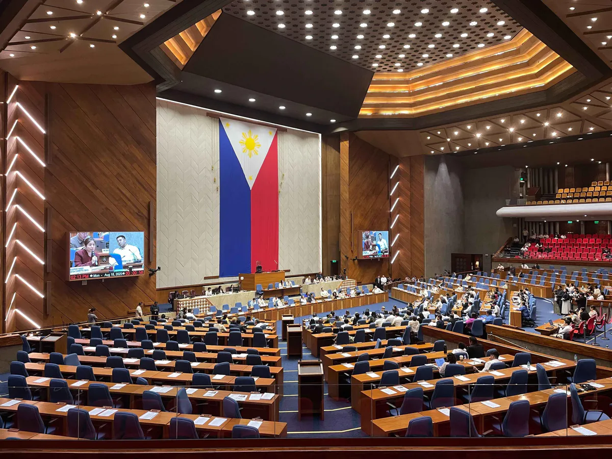 Rows of seats and desks in a legislative chamber