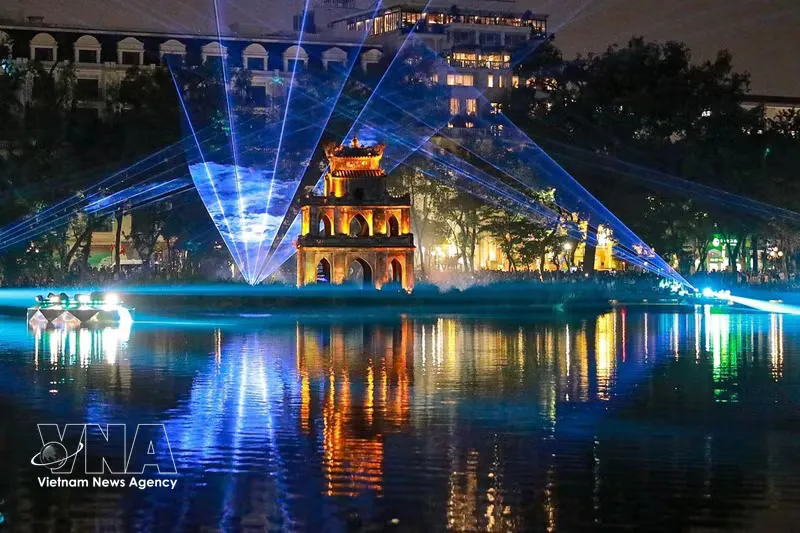 Lakeside scenery and urban buildings in Hanoi