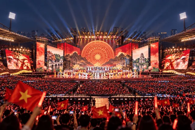 Concert stage with lighting rigs inside a stadium
