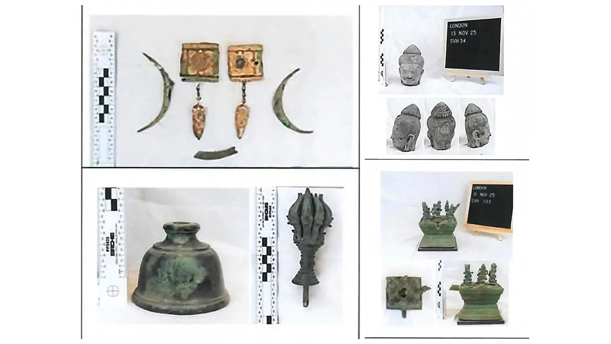Stone sculpture and bronze ritual objects displayed in a museum