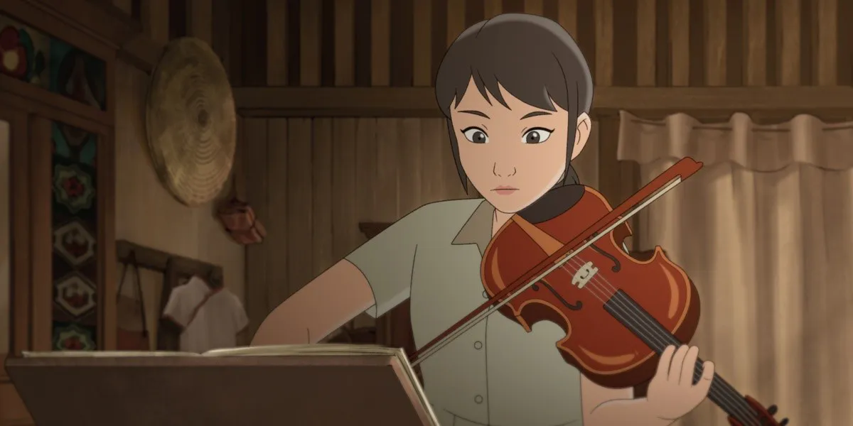 Illustration of a violin beside a strip of film