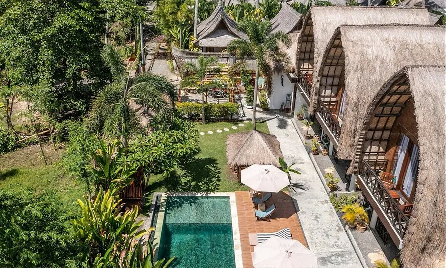 Holiday accommodation beside a swimming pool surrounded by tropical greenery