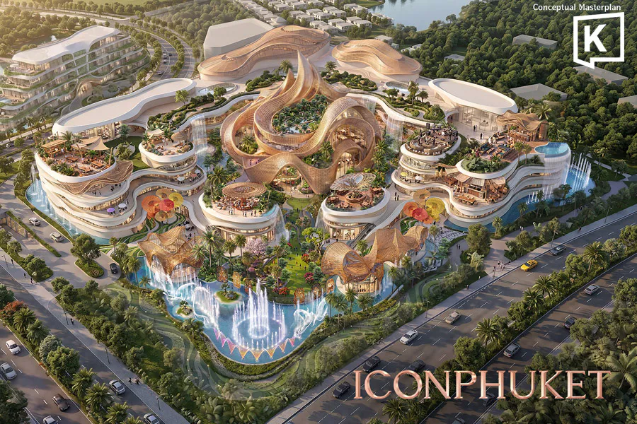 Illustration of a mixed-use development with retail buildings and landscaped outdoor spaces