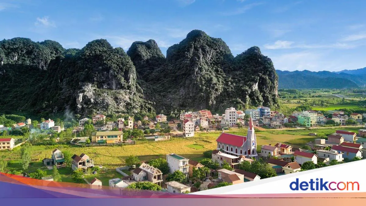Forested limestone formations and a cave entrance in Vietnam