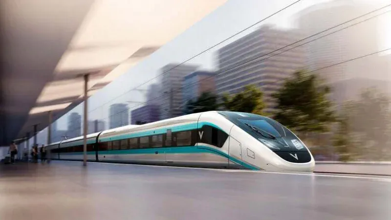 Illustration of a high-speed electric train on railway tracks