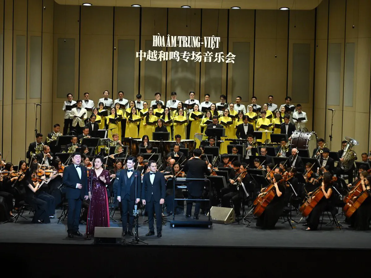 Orchestral instruments and music stands on a concert stage